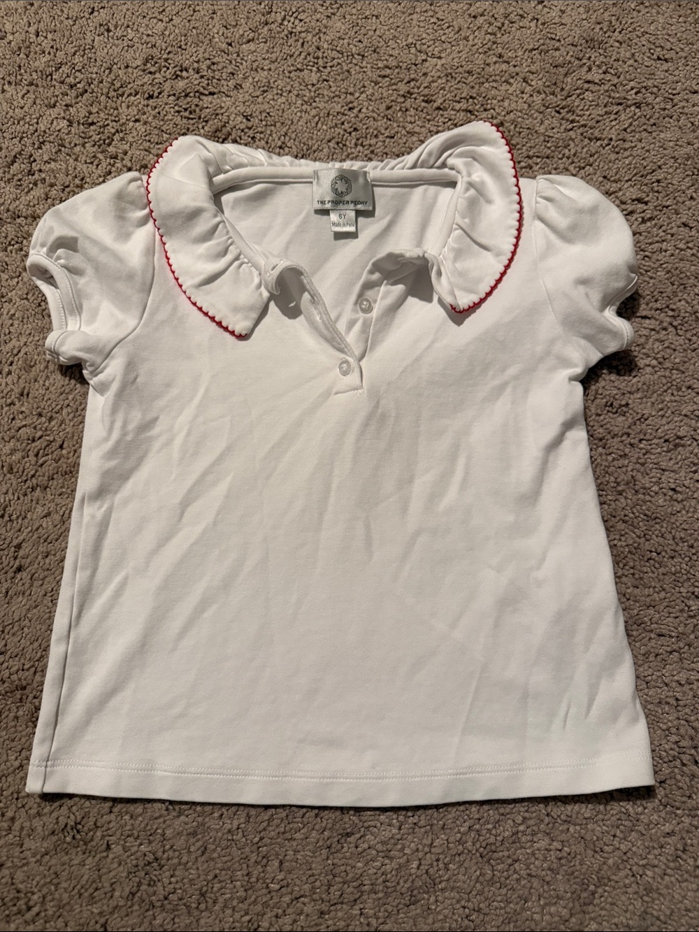 Girls Size 6 White Polo Top with Red Trim Collar by The Proper Peony